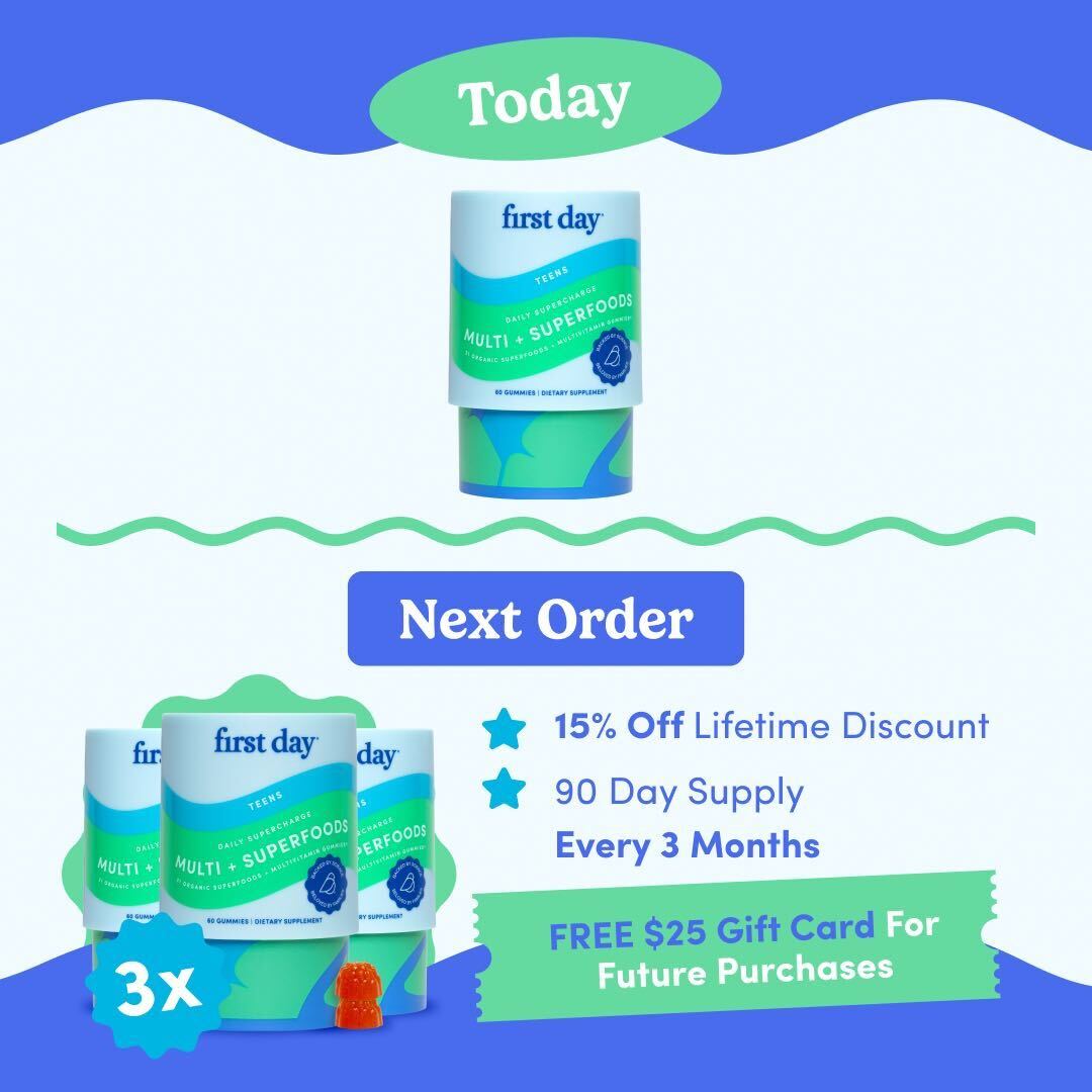 Promotional graphic for "Upgrade To Quarterly On Next Order": Get a 15% lifetime discount, a 90-day supply every 3 months, and a free $25 gift card for future purchases when you subscribe.