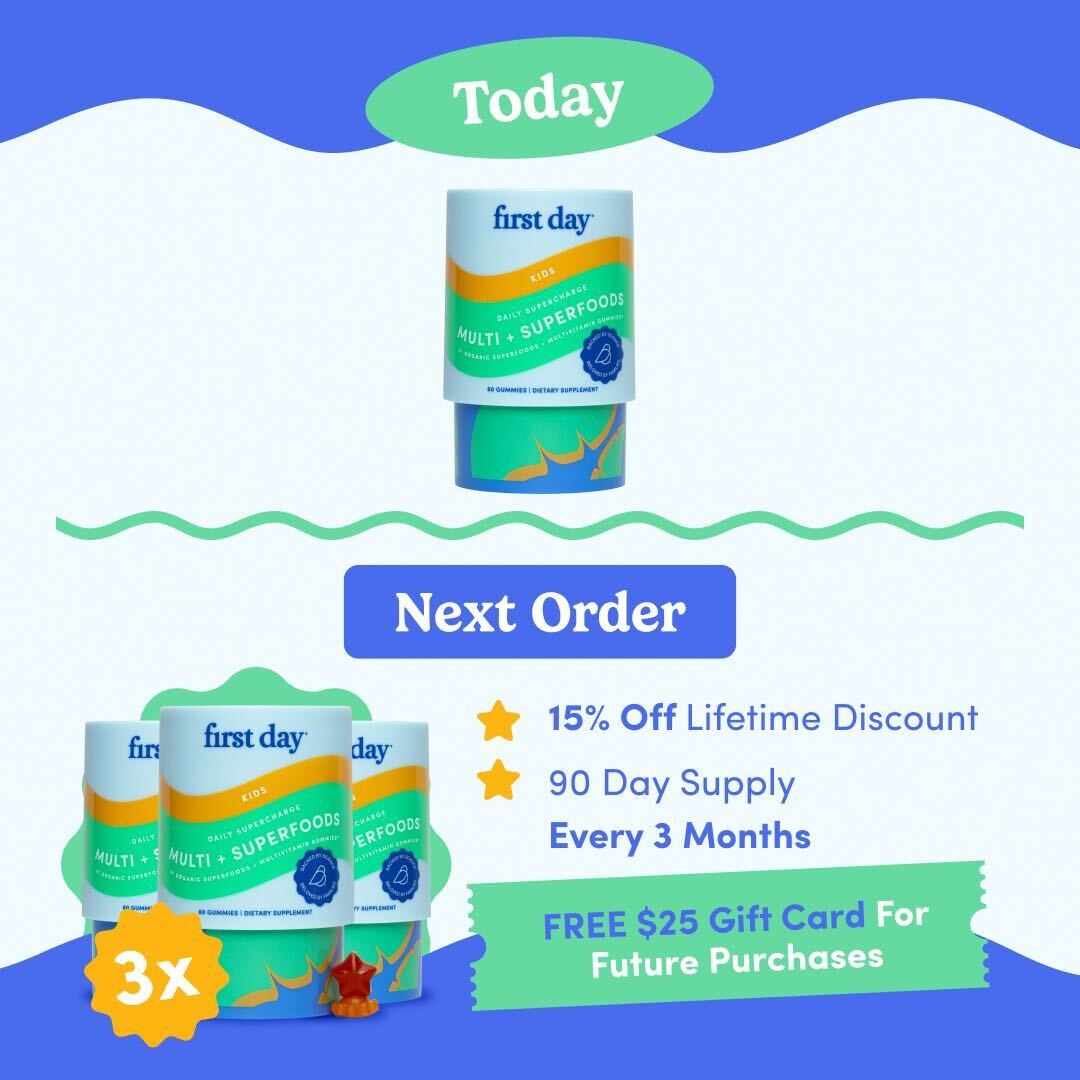 Promotional graphic for First Day vitamins. "Upgrade To Quarterly On Next Order" highlights a bottle: enjoy 15% off, a 90-day supply every 3 months, and get a free $25 gift card for future purchases; three bottles are shown.