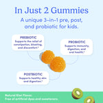 Image featuring text about Kids' Pre+ Post+ Probiotic Add-On, a 3-in-1 prebiotic, probiotic, and postbiotic gummy for kids. Three kiwi-flavored gummies shown with gut health benefits noted; free of artificial dyes. Kiwi slices included.