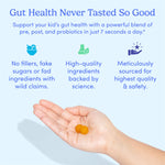 A hand holds two Kids' Belly-Biotic gummies. Above are text and icons showing no fillers or fake sugars, high-quality science-backed ingredients, and premium sourcing—all for supporting gut health in kids.