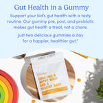 A white pouch labeled Kids' Belly-Biotic - Free Gift For Life is surrounded by colorful objects and green leaves, promoting kids probiotic gummies for gut health with supportive text above on a light blue background.