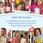 A collage of smiling parents and kids enjoying snacks, with heart icons. Text: Join 600,000+ parents using Kids' Pre+ Post+ Probiotic Add-On to fight hidden health issues and support better gut health.