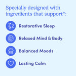 A light blue graphic lists benefits with icons: restorative sleep, relaxed mind and body, balanced moods, and lasting calm under the heading 