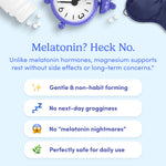 An image shows a spilled pill bottle labeled Kids’ Nighttime Reset Magnesium, small white pills, a blue clock, and a sleep mask. Text explains magnesium is safer than melatonin for restful sleep—four benefits are listed in rounded boxes.