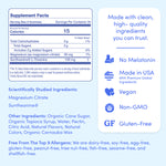Kids’ Nighttime Reset Calming Magnesium - Free For Life: Supplement facts label lists ingredients, nutrition, and benefits. No melatonin, made in USA, vegan, non-GMO, gluten & allergen-free—ideal for kids needing restful sleep support.