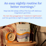 A bag of Kids’ Nighttime Reset Calming Magnesium sits on a wooden nightstand with a clock and lamp. Text above highlights a calming sleep support for kids’ nightly routine, free from melatonin side effects and morning grogginess.