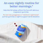 Kids’ Nighttime Reset Magnesium gummies sit on a knit blanket, with two star-shaped gummies beside them. Text above encourages a bedtime routine for restful sleep using calming ingredients and no melatonin.
