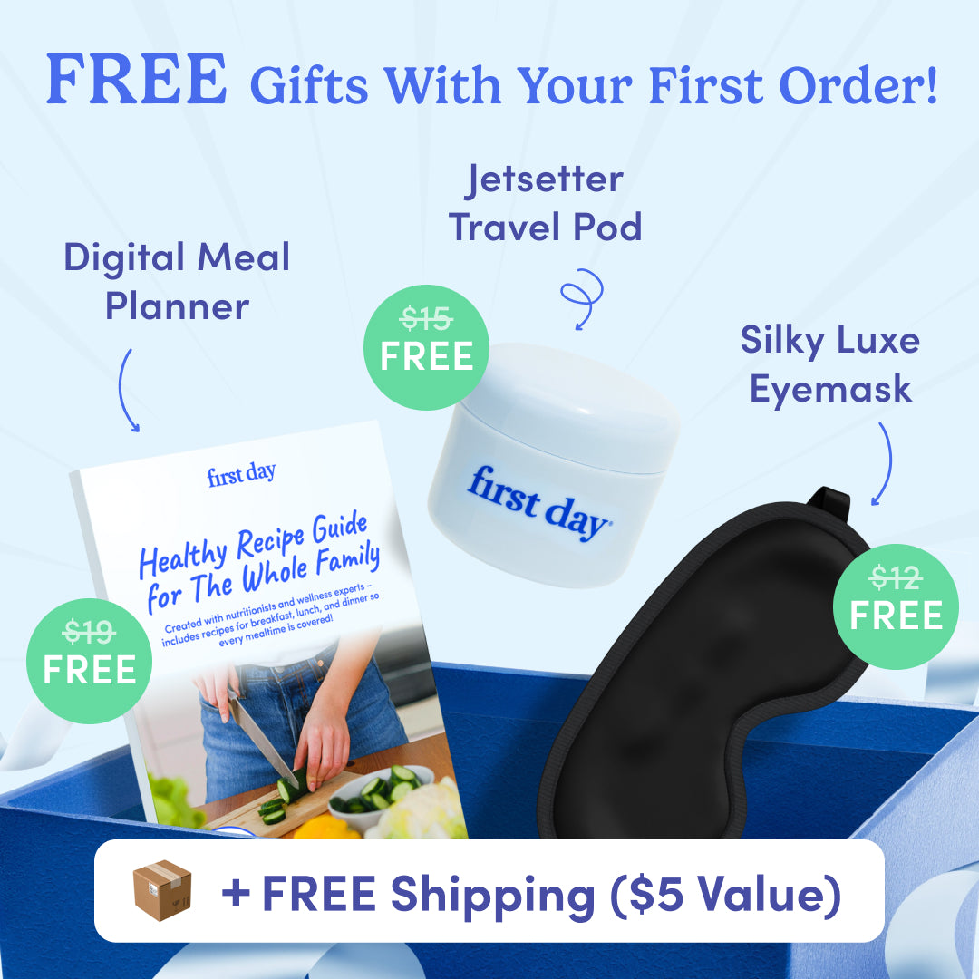 A promo graphic features free gifts with first order: a digital meal planner, a Travel Jar, and a Free Eye Mask, plus free shipping—all with listed values for each item.