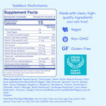 Supplement facts label for toddlers' multivitamins with clean label protection badges on a blue background.