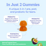 Two orange Teens' 3-in-1 Pre+ Post+ Probiotic gummies are stacked in the center, with text bubbles noting pre-, pro-, and postbiotic benefits for teen digestive health and immune support. Tropical fruit graphics and natural flavor details appear below.
