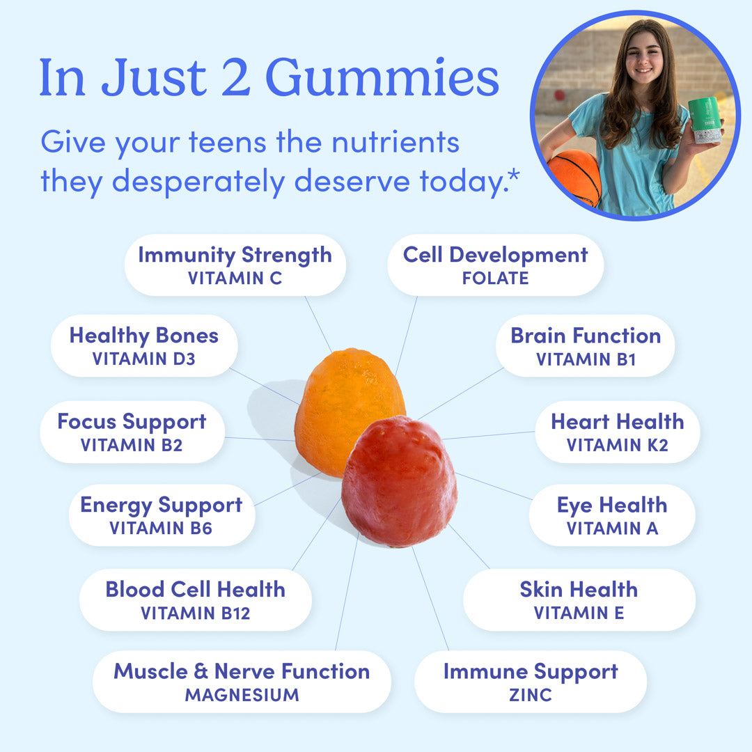 Two colorful gummies are shown in the center, surrounded by health benefits like immunity strength, brain function, and healthy bones. A smiling teen girl holds a basketball and a supplement bottle in the top-right corner. Text highlights key nutrients.