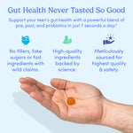 A hand holds Teens' 3-in-1 Pre+ Post+ Probiotic gummies, featuring gut health and immune support. The label highlights no fillers, premium ingredients, and careful sourcing, with icons and headings on a light blue background.