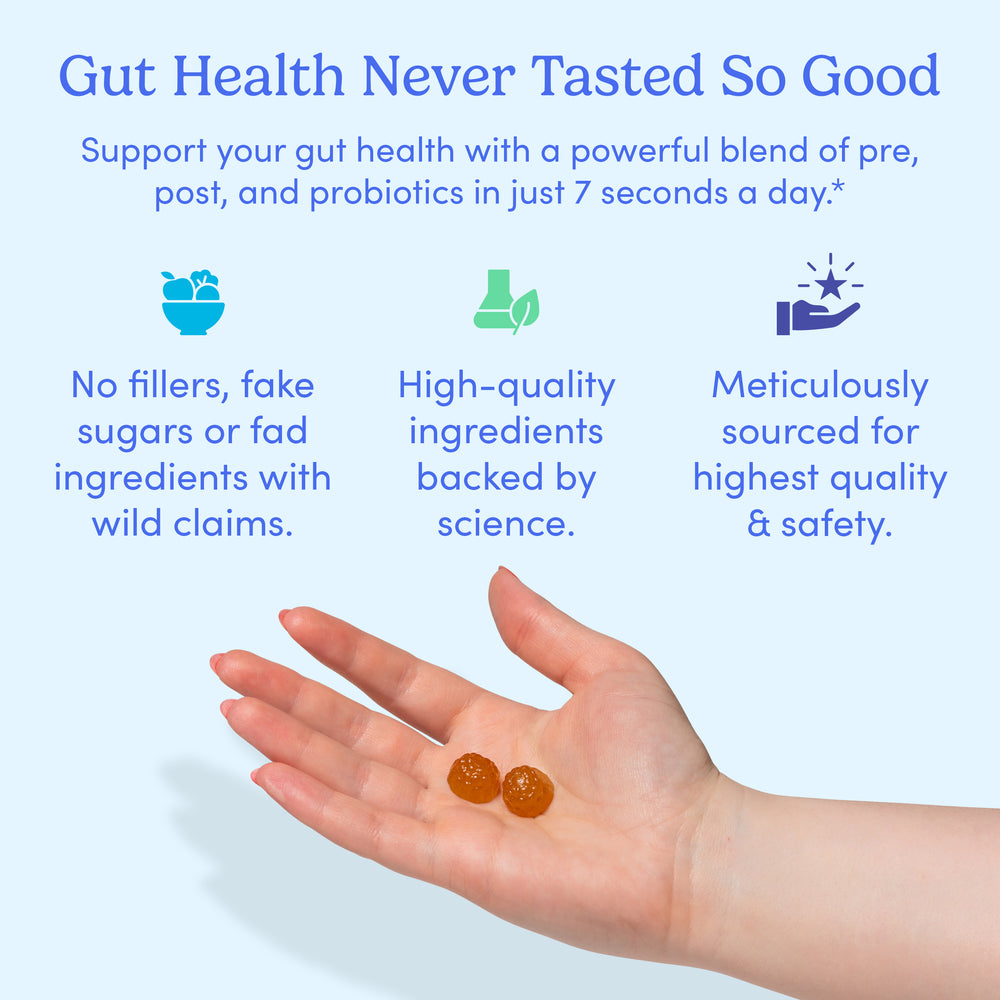 A hand holds two Women's 3-in-1 Pre+ Post+ Probiotic gummies against a light blue background. Text above highlights digestive health: No fillers, fake sugars, or fad ingredients—just high-quality, meticulously sourced ingredients.