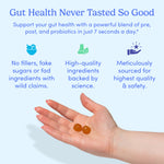 A hand holds two Women's 3-in-1 Pre+ Post+ Probiotic gummies against a light blue background. Text above highlights digestive health: No fillers, fake sugars, or fad ingredients—just high-quality, meticulously sourced ingredients.
