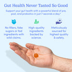 A hand holds a single orange Men's 3-in-1 Pre+ Post+ Probiotic gummy. Above, text highlights digestive wellness, gut health benefits, no fillers, high-quality ingredients, and meticulous sourcing with simple icons for each claim.