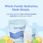 First Day Rapid Hydration Electrolyte Support packaging with lemons and a glass on a light blue background.