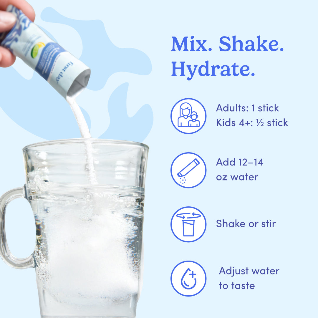 Product being poured into a glass with text on how to use it, including serving sizes and instructions.
