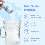 Product being poured into a glass with text on how to use it, including serving sizes and instructions.