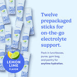 Prepackaged sticks for electrolyte support with lemon lime flavor on a light blue background