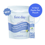 First Day Rapid Hydration Electrolyte Support packaging with lemon and lime illustration on a white background
