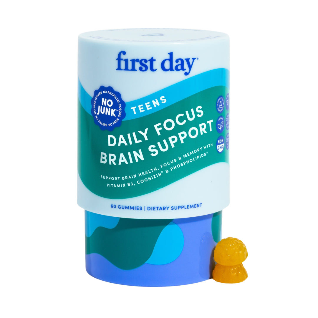 The Teens' Daily Focus Brain Support dietary supplement features blue and teal packaging with 60 gummies per container and two yellow gummies in front, providing focus support designed specifically for teens.