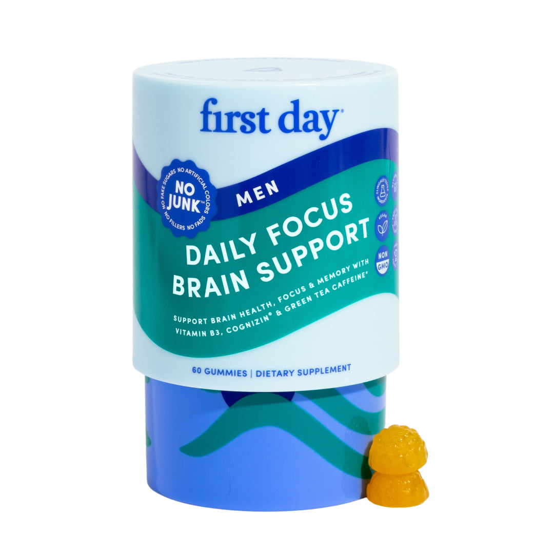 First Day Men's Daily Focus Brain Support supplement container with a gummy on a white background