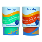 The Kids' TLC Starter Pack features two colorful cylindrical containers: one kids multivitamin with Multi + Superfoods and one probiotic, each providing 60 gummies for daily nutrition, all in bright, abstract designs.