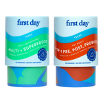 The Teens' Defense Starter Pack includes two cylindrical containers: a green-and-blue Teen Multivitamin with Superfoods and an orange-and-blue 3-in-1 Teen Probiotic, each containing 60 dietary supplement gummies.