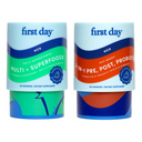The Men's Power-Up Starter Pack includes two containers: Men’s Multivitamin + Organic Superfoods (green/blue) and 3-in-1 Pre, Post, Probiotic Gummies (orange/blue), each with 60 gummies as dietary supplements.