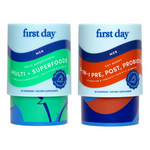 The Men's Power-Up Starter Pack includes two containers: Men’s Multivitamin + Organic Superfoods (green/blue) and 3-in-1 Pre, Post, Probiotic Gummies (orange/blue), each with 60 gummies as dietary supplements.