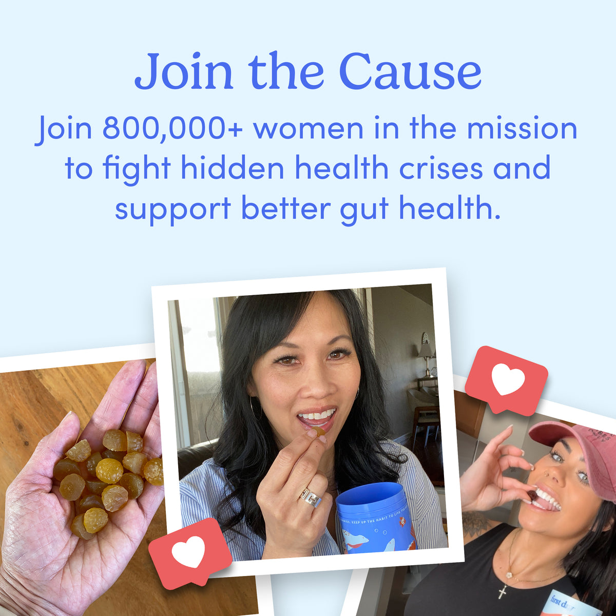 A promotional graphic invites women to join a mission for better digestive health, showing women smiling, taking Women's 3-in-1 Pre+ Post+ Probiotic gummies, and featuring text about addressing hidden health crises.