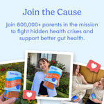 A promotional graphic encourages parents to support teen digestive health with Teens' 3-in-1 Pre+ Post+ Probiotic, featuring three photos of women holding “first day.” jars and decorative hearts near the images.