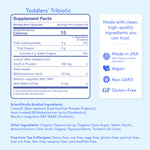 Supplement facts label for Toddlers' Tribiotic on a blue background