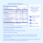 Teens' Daily Focus Brain Support supplement facts label highlights nutritional values, main ingredients, allergen info, and icons for Made in USA, Vegan, Non-GMO, and Gluten-Free. Designed to support teen focus with key brain health ingredients.
