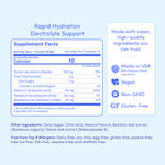 Supplement facts label for a rapid hydration electrolyte support product on a light blue background.