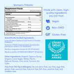 A supplement facts label for Women's 3-in-1 Pre+ Post+ Probiotic, with nutritional info to support digestive and vaginal health, probiotics, and kiwi powder. Icons show it's vegan, non-GMO, gluten-free, and Clean Label Project Purity Awarded.