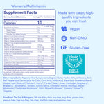 Supplement facts label for women's multivitamin with clean label project logo on a blue background