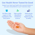 An open hand holds two orange Teens' Gut Pre+ Post+ Probiotic Add-On gummies. Above, text highlights digestive health support for teens, made with high-quality, scientifically backed ingredients and no fillers for safety and quality.
