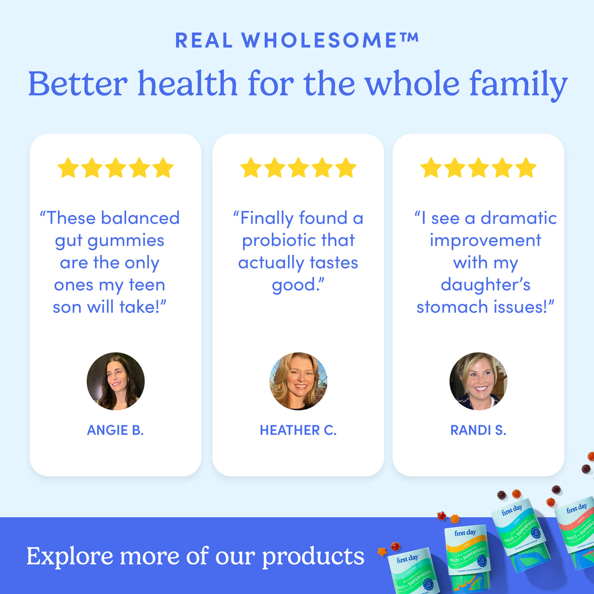 An ad for Teens' 3-in-1 Pre+ Post+ Probiotic showcases three 5-star reviews with photos, highlighting the gummies’ benefits for teen digestive health and immune support, plus product images and a prompt to explore more items.