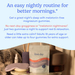 A pouch of Women’s Nighttime Reset Calming Magnesium sits on a table with a sleep mask, hairbrush, and decor—promoting restorative sleep naturally without melatonin. Text overlay highlights the benefits for your nightly routine.