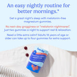 A container of Women’s Nighttime Reset Magnesium gummies sits on a white textured blanket with buttons. Text above notes that each calming gummy supports relaxation and restorative sleep—without melatonin.