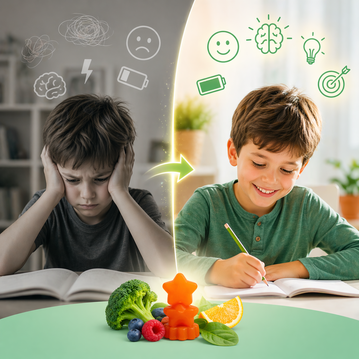 Two boys, one stressed and one focused on studying, with educational icons and healthy snacks on a table.