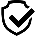 A bold black check mark inside a shield outline, representing approval and security for 