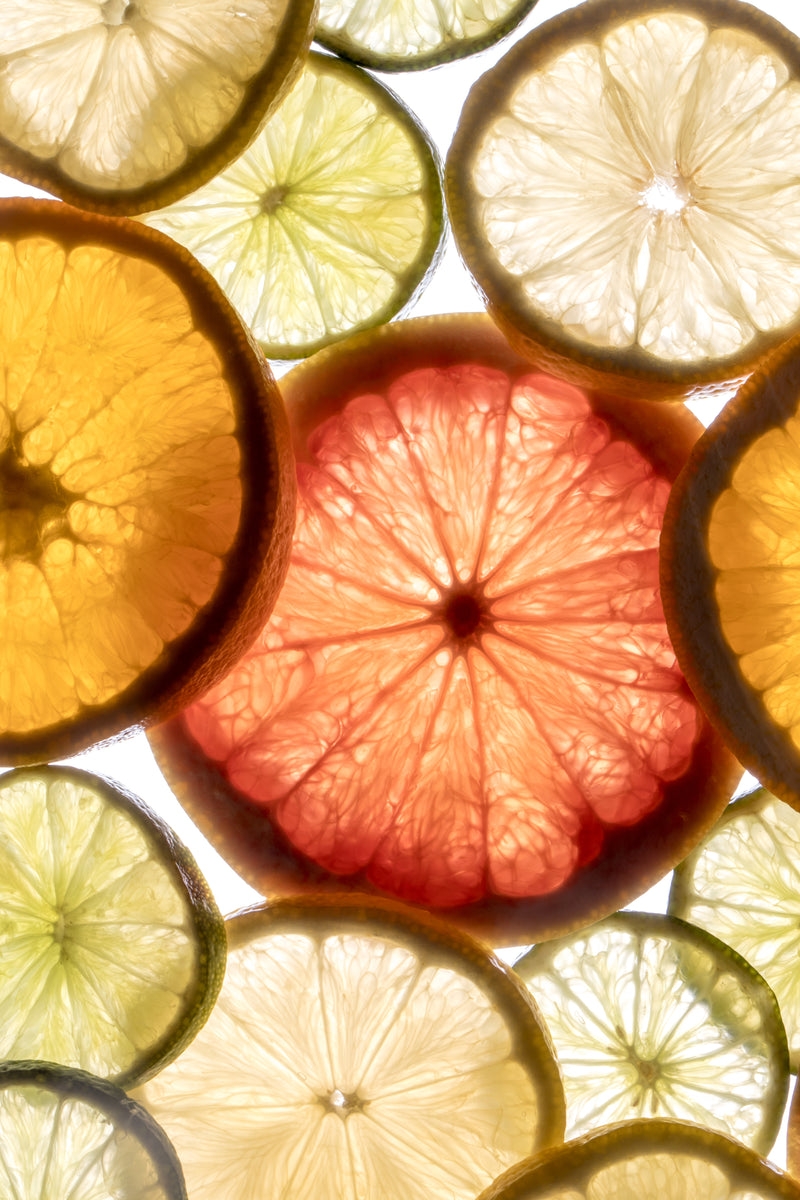 A close-up of various citrus fruit slices, including lemon, lime, orange, and grapefruit, arranged overlapping on a white background, showing their translucent, colorful flesh and detailed textures.
