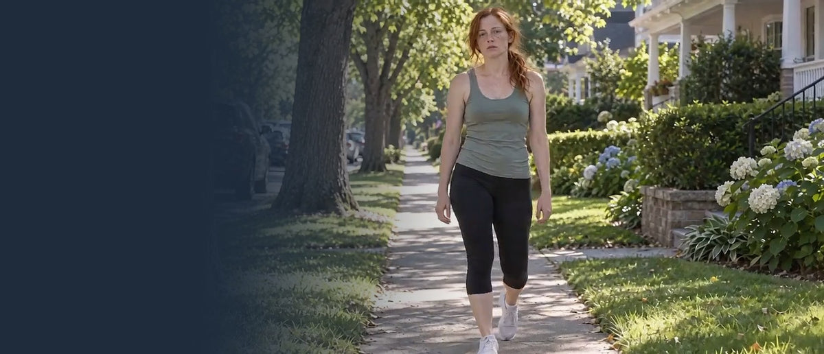Woman walking on a tree-lined sidewalk