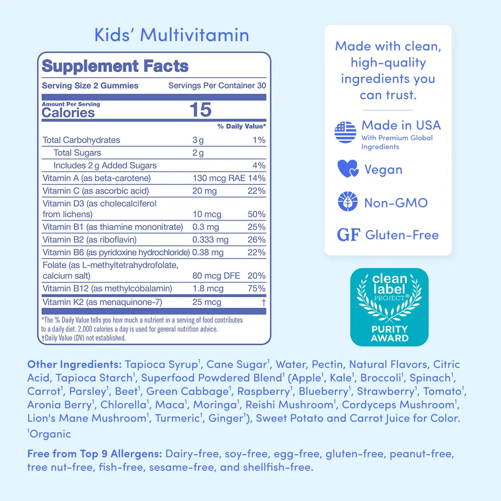 A supplement facts label for Kids' Multivitamin gummies, showing a serving size of 2 gummies and a daily value of 15. The label includes a nutrition panel, ingredient list, and marketing badges such as 'Made with premium global ingredients,' 'Vegan,' 'Non-GMO,' 'GF Gluten-Free,' and a 'Clean Label' 'Purity Award.