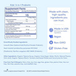 Back of a probiotic gummy bottle showing Supplement Facts, ingredient list, and marketing badges on a light blue background. Visible text includes 'Livaux' and 'Snyz' and claims like 'Made in USA', 'Vegan', 'Non-GMO', and 'GF Gluten-Free'.