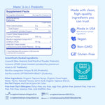 Mens' 3-in-1 Probiotic Supplement Facts label and product information on a white background. The label shows serving size 2 gummies, calories, total carbohydrates, sugars, added sugars, and listed ingredients including Liviusa, Bacillus coagulans, and IMI Nutrient Lactis strain Plasmata.