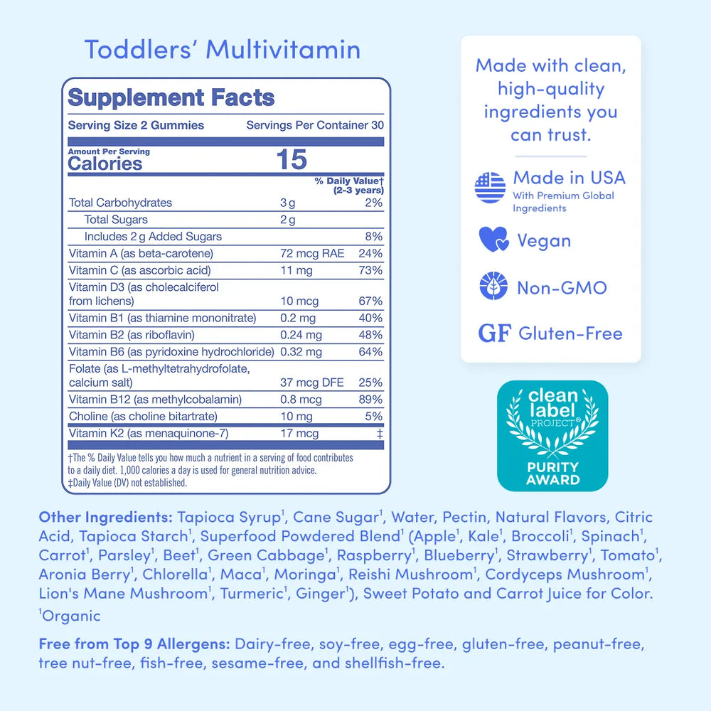 A product information graphic for Todders Multivitamin showing the Supplement Facts label, ingredient list, and feature callouts on a light blue background. The graphic includes a labeled supplement facts panel, a purectar award badge, and text stating it is made with premium global ingredients, vegan, non-GMO, and gluten-free.