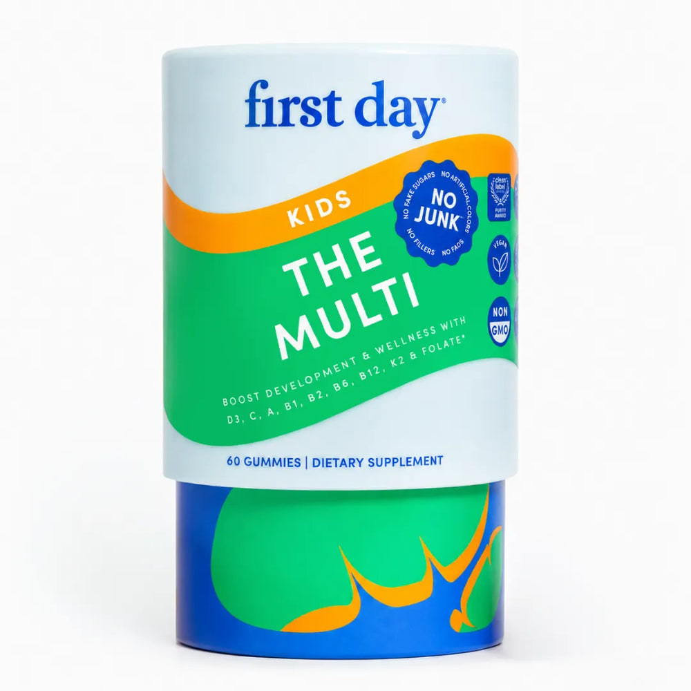 A cylindrical container of First Day Kids The Multi dietary supplement gummies, featuring a white, green, and blue label with orange accents on a clean white background.